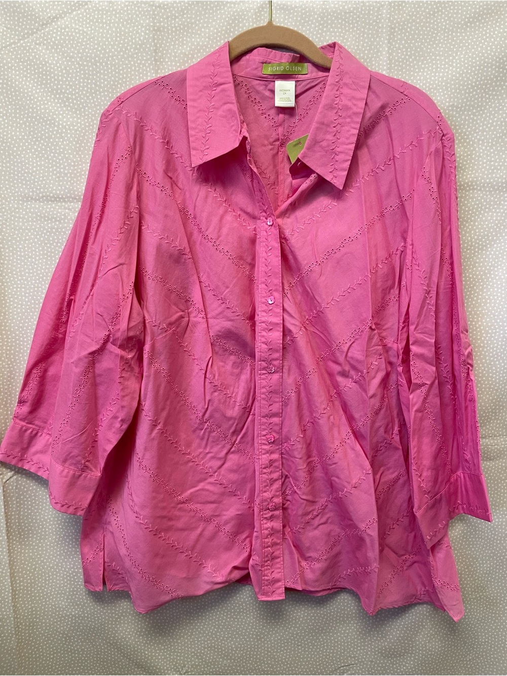 Sigrid Olsen Women’s Pink Embroidered Button Down Blouse Floral Eyelets NWT 2X